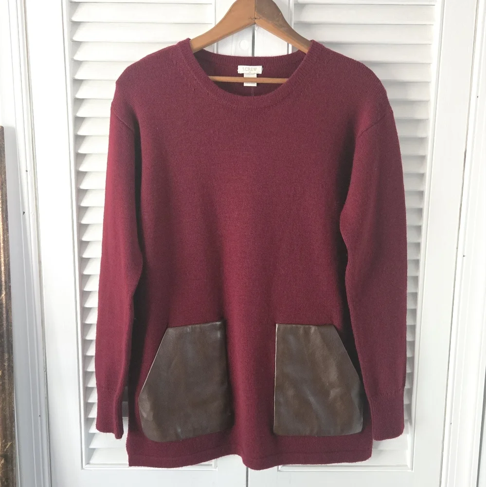 J.Crew Merino Wool Burgundy Sweater Faux Leather Pockets Size L